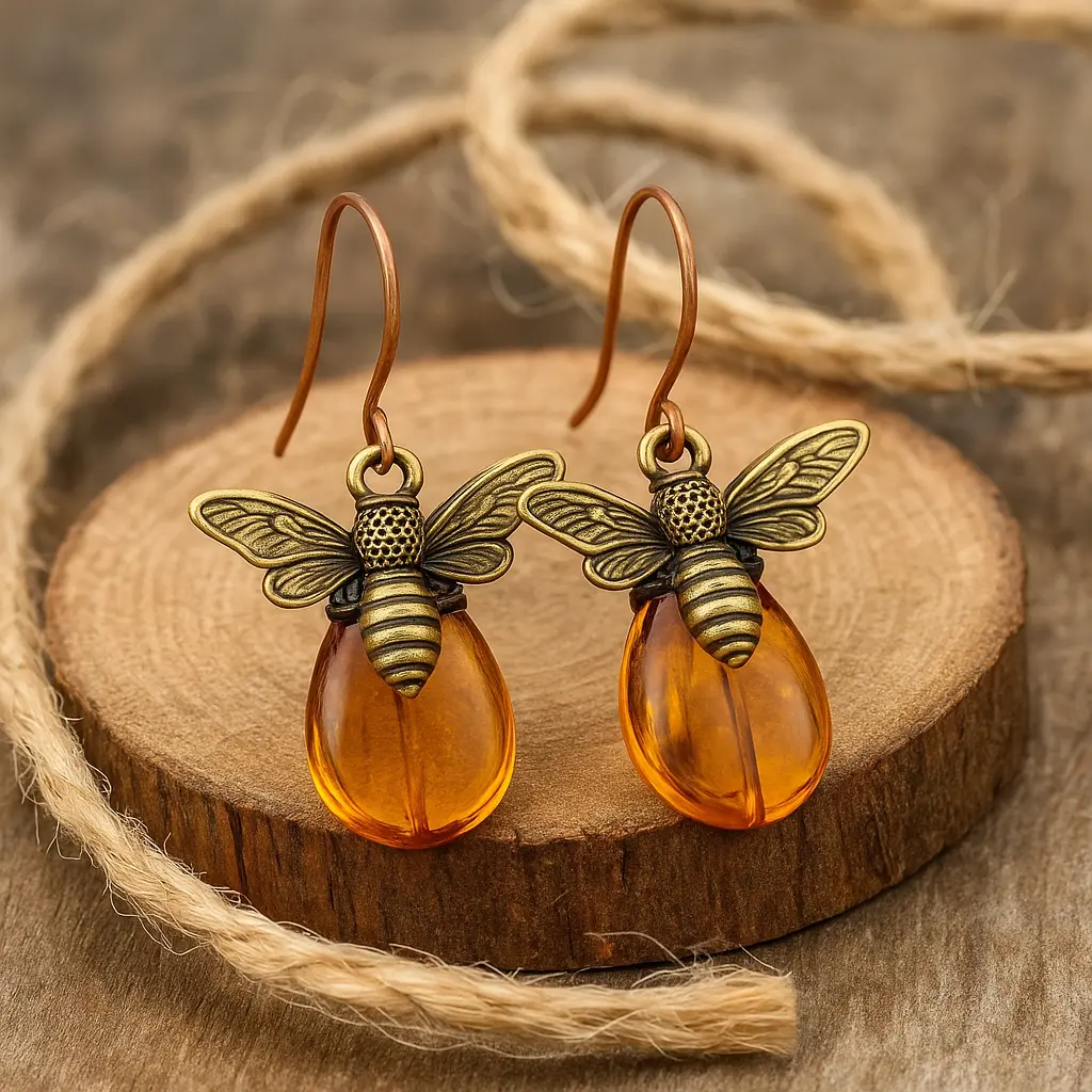 Vintage Amber Bee Earrings Gold Drop Dangle for Women ? Boho Gift Jewelry