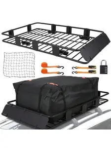 black- Roof Rack Carrier Basket, 64" X 39" X 6" Universal 200 Lb Heavy Duty Roof Rack With 1 Waterproof Bag, Cargo Net, 2 Pairs Of Tensioners, 1 Lock, Universal Roof Rack For SUV, Truck Vehicle Accessories