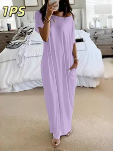 Women's Casual Loose Fit Short Sleeve Sleepwear Dress, Soft Comfortable Victorian Style Home Wear, Two-In-One Long Maxi Dress