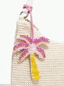 Dreamy sweet pink and yellow beaded coconut tree pendant pendant niche hand-woven bag keychain pendant, niche design seaside holiday style with small, exquisite, Trendy, Cute and fashionable all-match bag pendant keychain