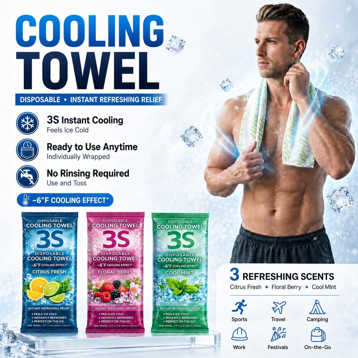 Cooling Towel Portable, no rinsing needed, ready to use right out of the package Soft Breathable Chilly Towel, Ice Towel, Microfiber Towel for Yoga, Sport, Running, Workout,Gym, Camping, Fitness, Workout & More Activities(Multiple flavors)