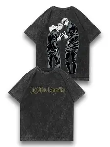 valentine shirts Men's vintage distressed double-sided design T-shirt, Jujutsu Kaisen, Yuji Itadori, Satoru Gojo, printed, oversize, street high-street style, trendy, top