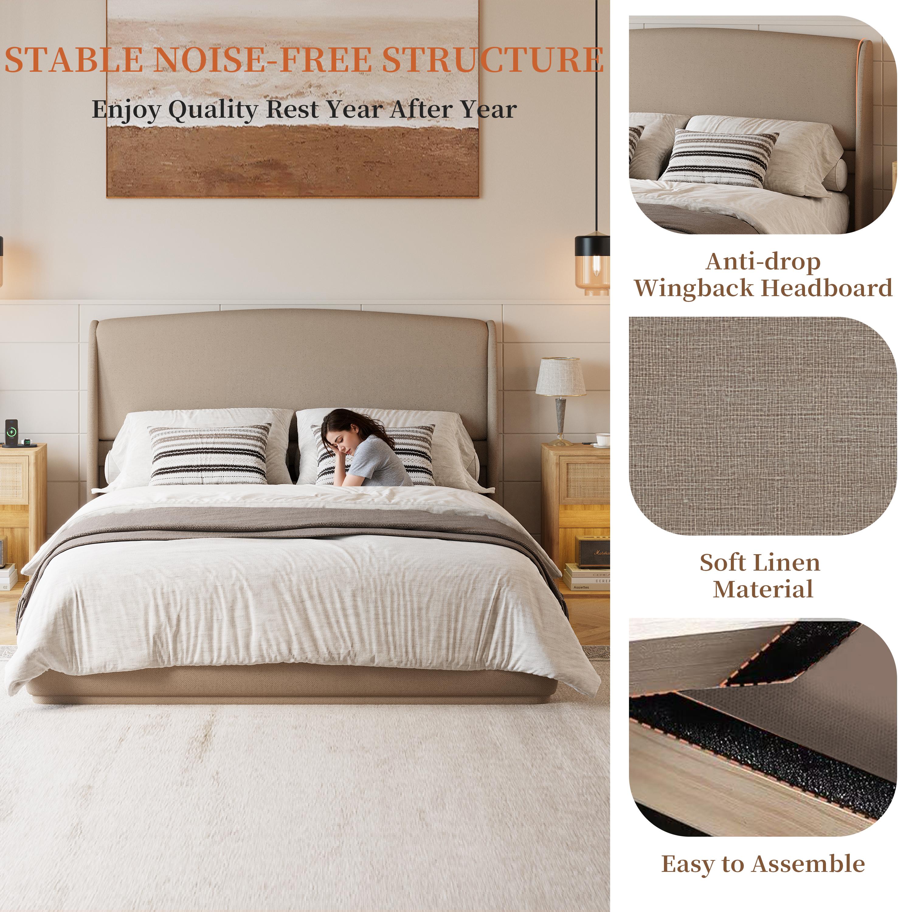Upholstered Queen Bed Frame with Wingback Headboard, Low Profile Platform Bed with Padded Headboard, No Box Spring Needed, Easy Assembly, Elegant Linen Fabric, Brown/Beige Upholstered Queen Bed Frame with Wingback Headboard, Low Profile Platform Bed with Padded Headboard, No Box Spring Needed, Easy Assembly, Elegant Linen Fabric, Brown/Beige
