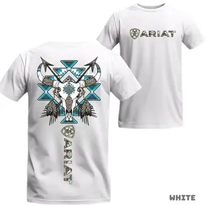 Ariat Tribal Skull T-Shirt – Western Bull Skull & Feathers Graphic with Blue Aztec Patterns – Unisex Tee for Country Style &