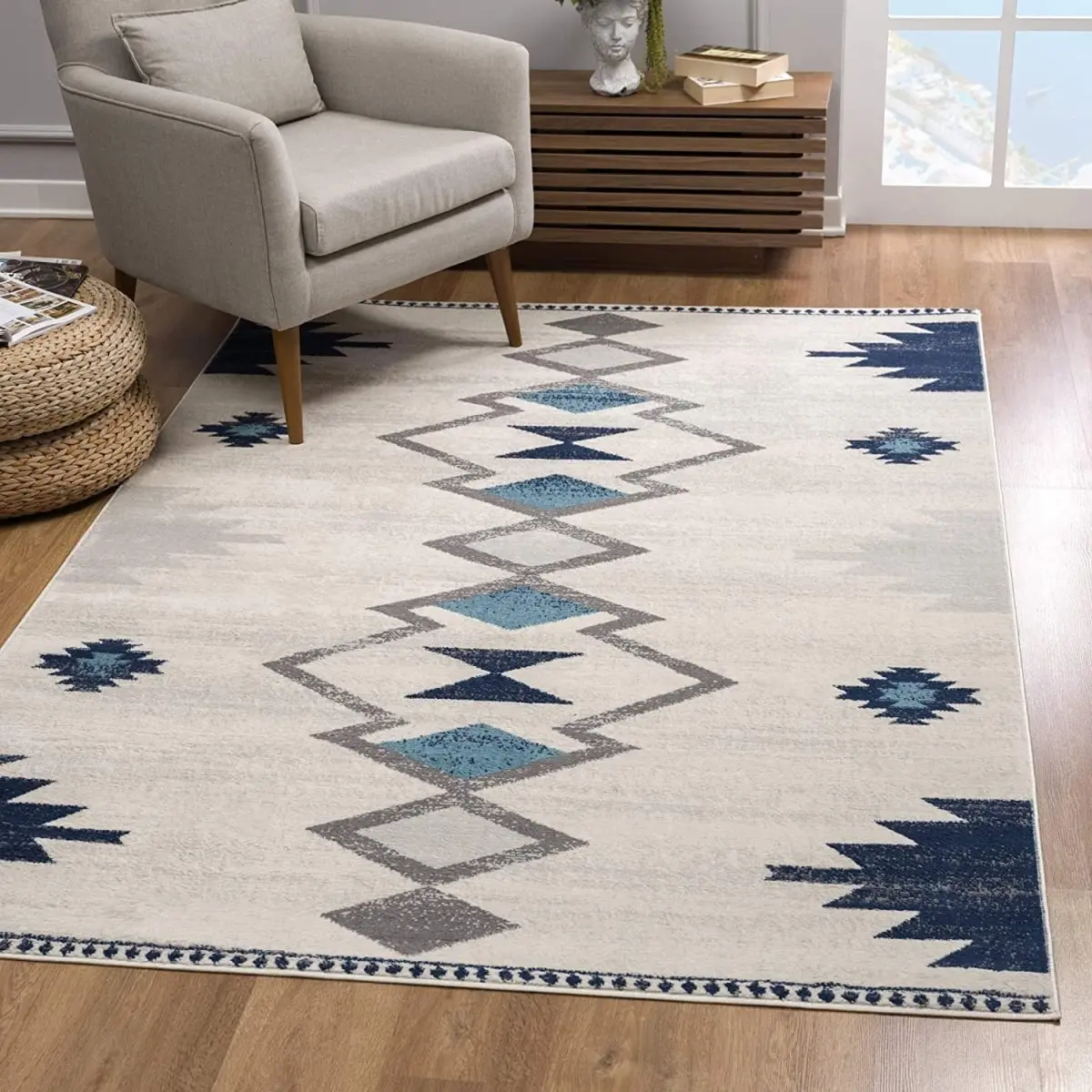 HomeRoots 392951 4x6 ft. Navy & Ivory Tribal Pattern Faux Area Rug, Dark Dual-Color Ethnic Rug for Living Room Decor, Dark Area Rugs