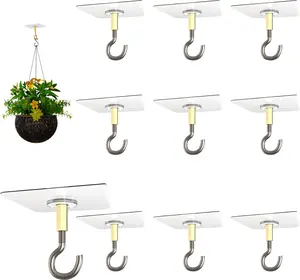 No Hole No Drilling Adhesive Ceiling Hooks for Hanging Plants Lights Wind Chimes Lantern, Sticky J Hooks Eye Hook for Hanging Indoor Outdoor (10, 4x4inch)