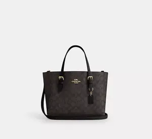 COACH Mollie Logo Tote Bag With Zipper Closure In Walnut And Black Coated Canvas And Leather For Women