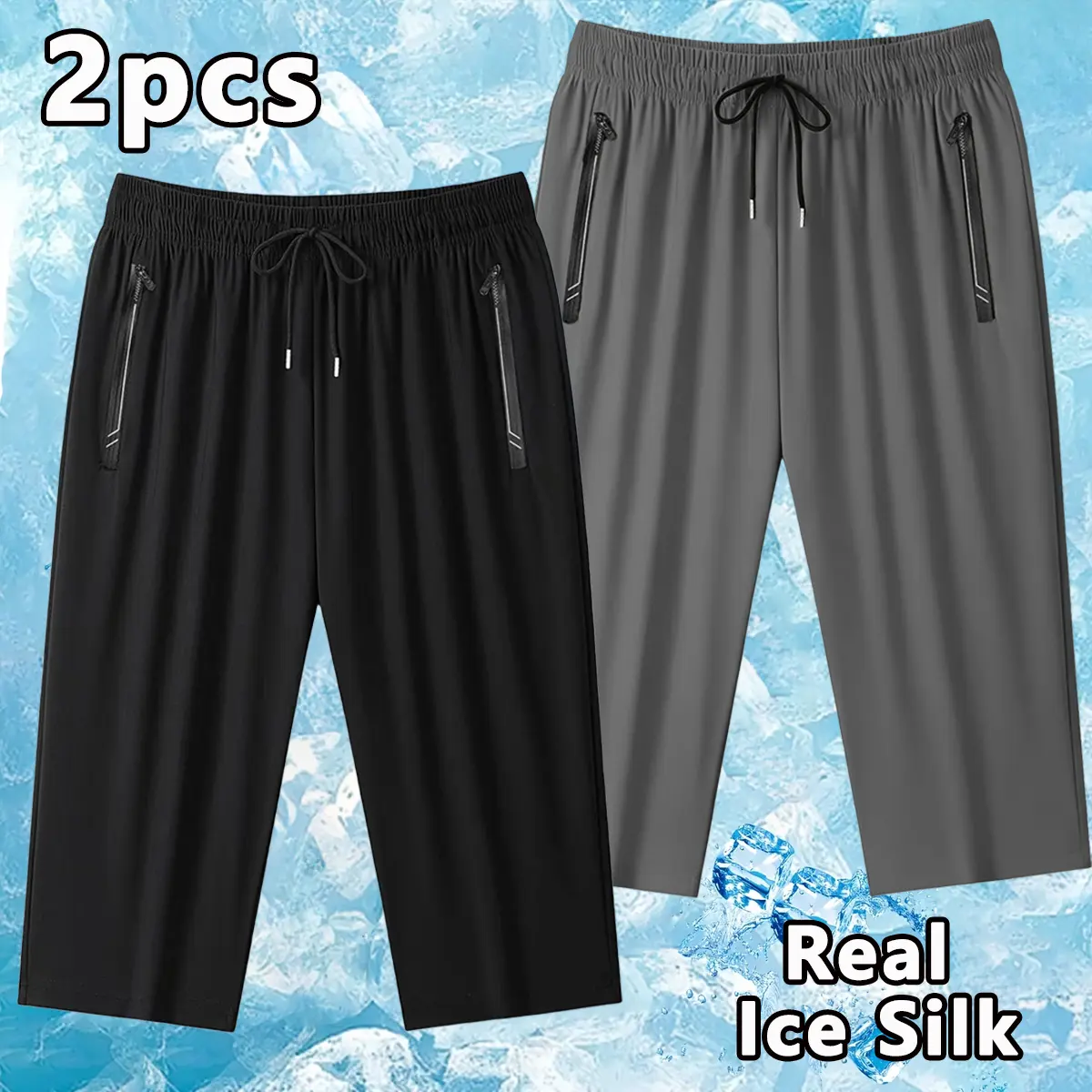 Men’s ice silk shorts, casual 3/4 length shorts, new for summer—loose, lightweight fit with a simple pattern design, drawstring waist and zippered pockets, suitable for gym wear and casual outings.