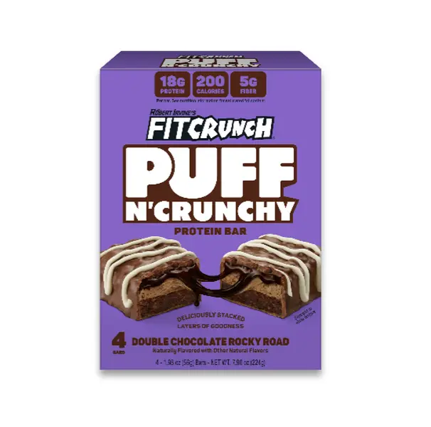FITCRUNCH New Puff N’ Crunchy Protein Bars, Light Airy Marshmallow Puff Texture, 18g Protein, 5g of Fiber, Low Sugar, 200 Calories (4 Bars, Double Chocolate Rocky Road)