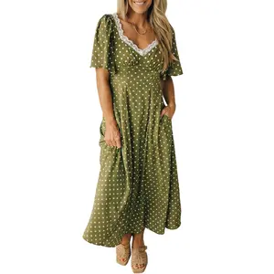 Mntaor Women's Green Polka Dot Maxi Dress with Lace Trim V-Neck Smocked Waist Puff Sleeves & Pockets Perfect for Summer Vacations & Beach Days