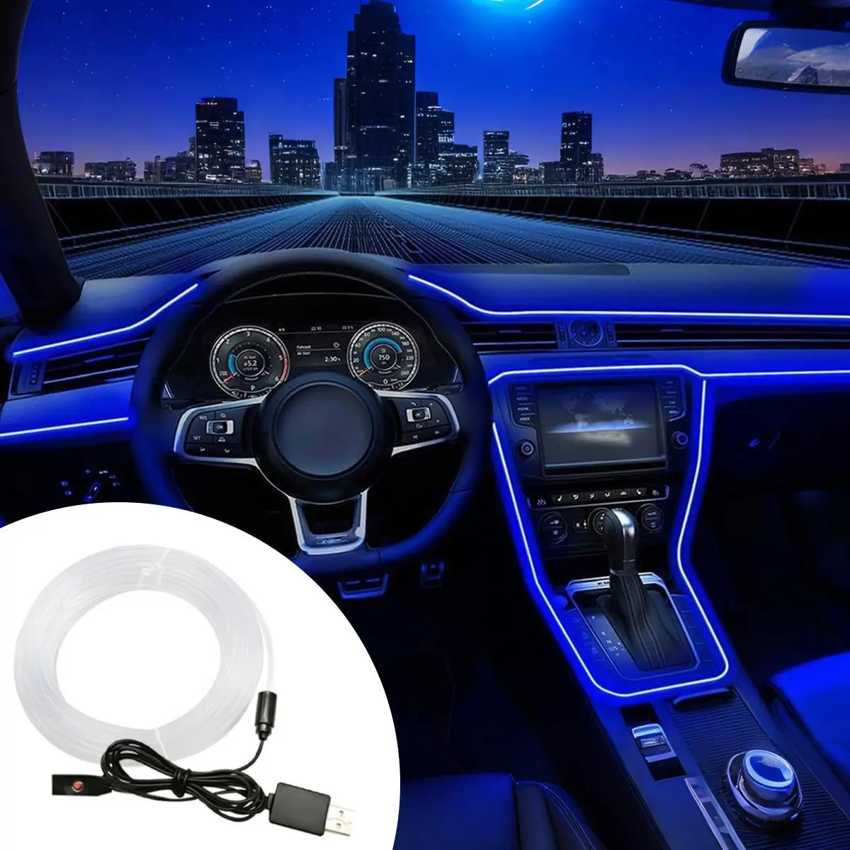 Father's Day Gift 200-inch LED color RGB light strip suitable for car interiors, featuring wireless connection and remote control capabilities, also comes with music synchronization function, vehicle sockets, and fiber optic cables and other accessories.