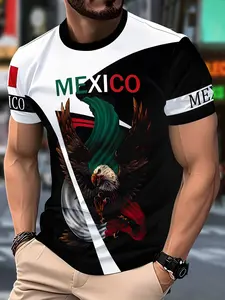 Men's Mexican Eagle Snake Emblem T-Shirt, Casual Streetwear Round Neck Top, Vibrant Accents, Print, Big Tall Sizes