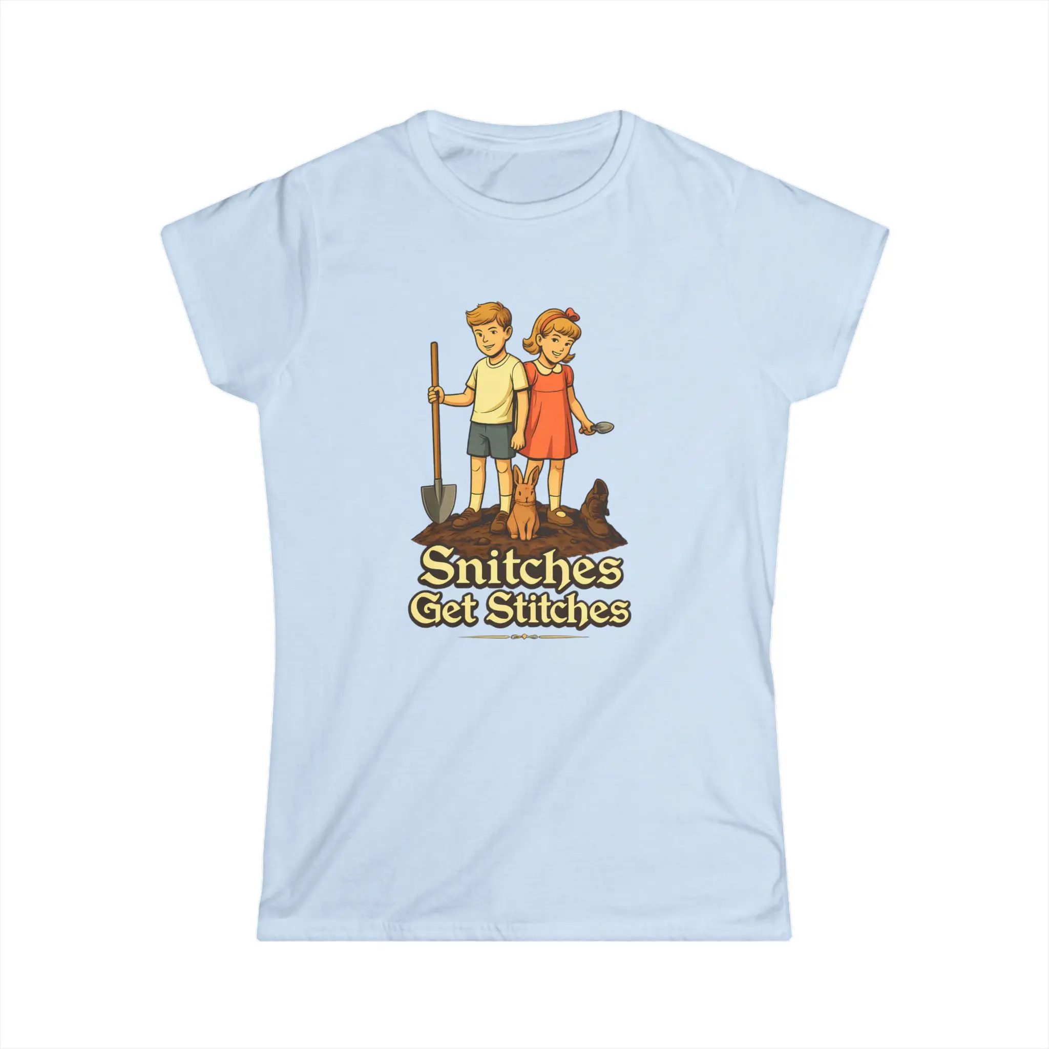 Women's Round Neck Short-Sleeve Garment Top, "Snitches Get Stitches" Graphic T-Shirt for Girls, Shortsleeve
