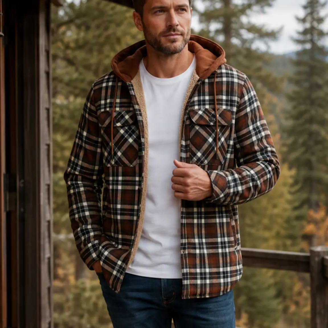 Men's Plaid Checkered Sherpa-Lined Hooded Flannel Shacket - Menswear Long-Sleeve Button-Up Top with Pockets, Drawstring, Soft Relaxed Fit for Casual Outdoor Wear