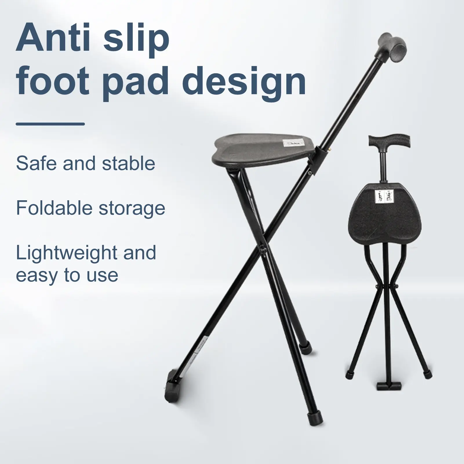 Folding Crutch Stool with Rattan Seat for Seniors & Adults, Ergonomic Aluminum Walking Cane Chair, Comfortable & Easy to Lift, Travel Size, Supports 300 lbs