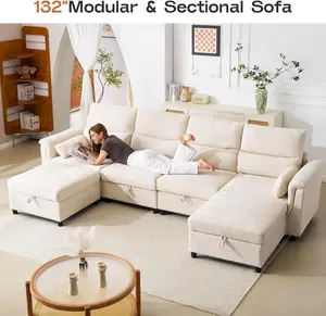 132 Inch Modular Sectional Sofa U Shaped Cloud Couch with Large Storage 4 Seater Deep Seat 2 Ottoman Chenille Fabric Throw Pillows for Living Room Beige