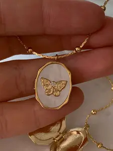 Vintage Oval Shell Locket Necklace | 14K Gold Plated Butterfly Charm | Elegant Daily & Party Wear | Twisted Butterfly Necklace