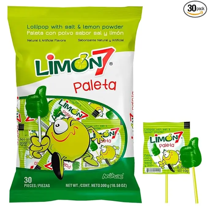 Dulces Anahuac Limon 7 Paleta Lollipop Covered with Lemon and Salt Powder, Mexican Candy, 30 Pieces