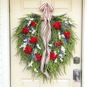 Patriotic Heart Flower Wreath, 18-Inch Blue Floral Wreath with Ribbon, Farmhouse Style Front Door Decor, Casual Occasion