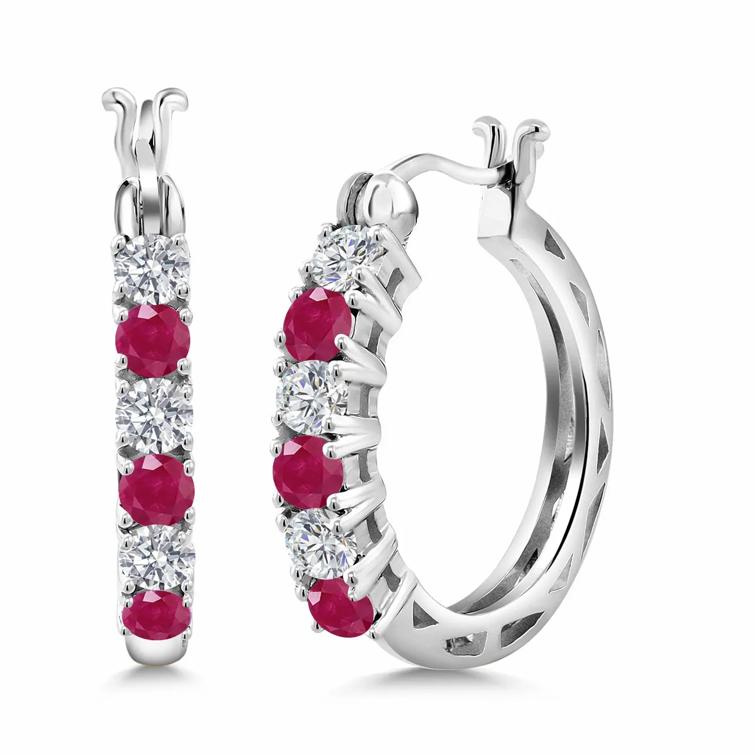 925 Sterling Silver Lab Grown Diamond and Red Ruby Hoop Earrings for Women | 1.59 Cttw | Gemstone April Birthstone | Round 3MM