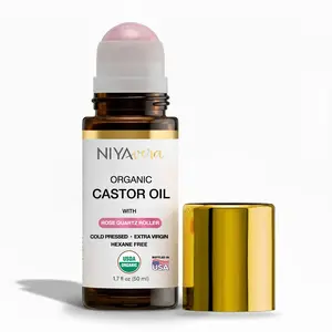 Niyavera Organic Castor Oil with Rose Quartz Roller – Cold-Pressed, Hexane-Free, USDA Certified Unrefined Body Care Oil for Dry Skin, 1.7 oz Daily Face & Body Use