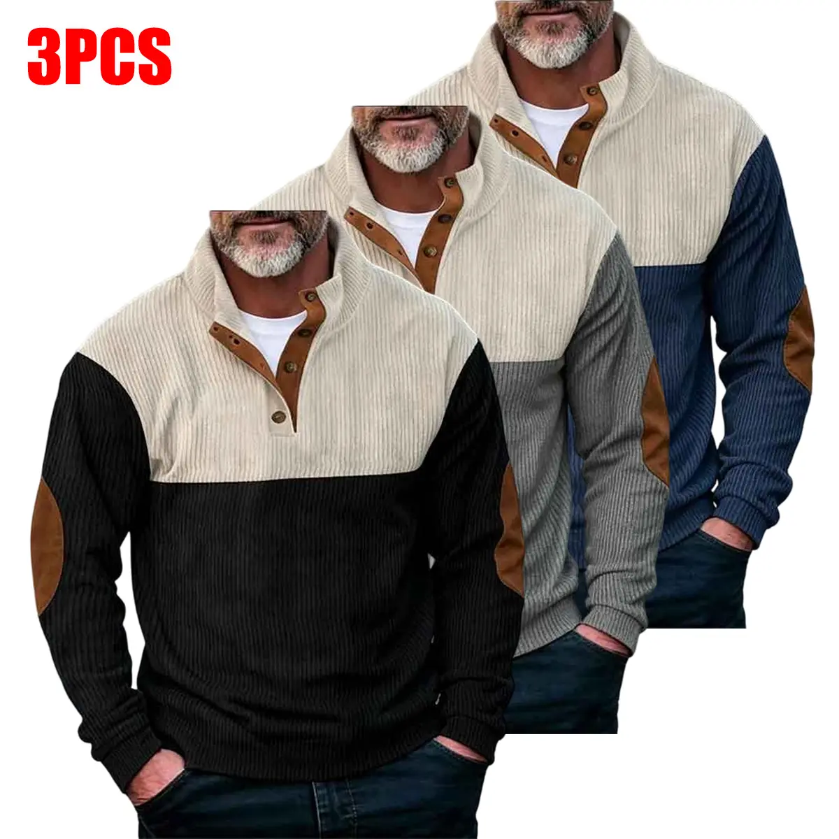 Men’s Long Sleeve Corduroy Pullover Sweater - 3-Piece Color-Block, Button Closure, Everyday & Leisure Tops, Autumn/Winter Menswear Knitwear