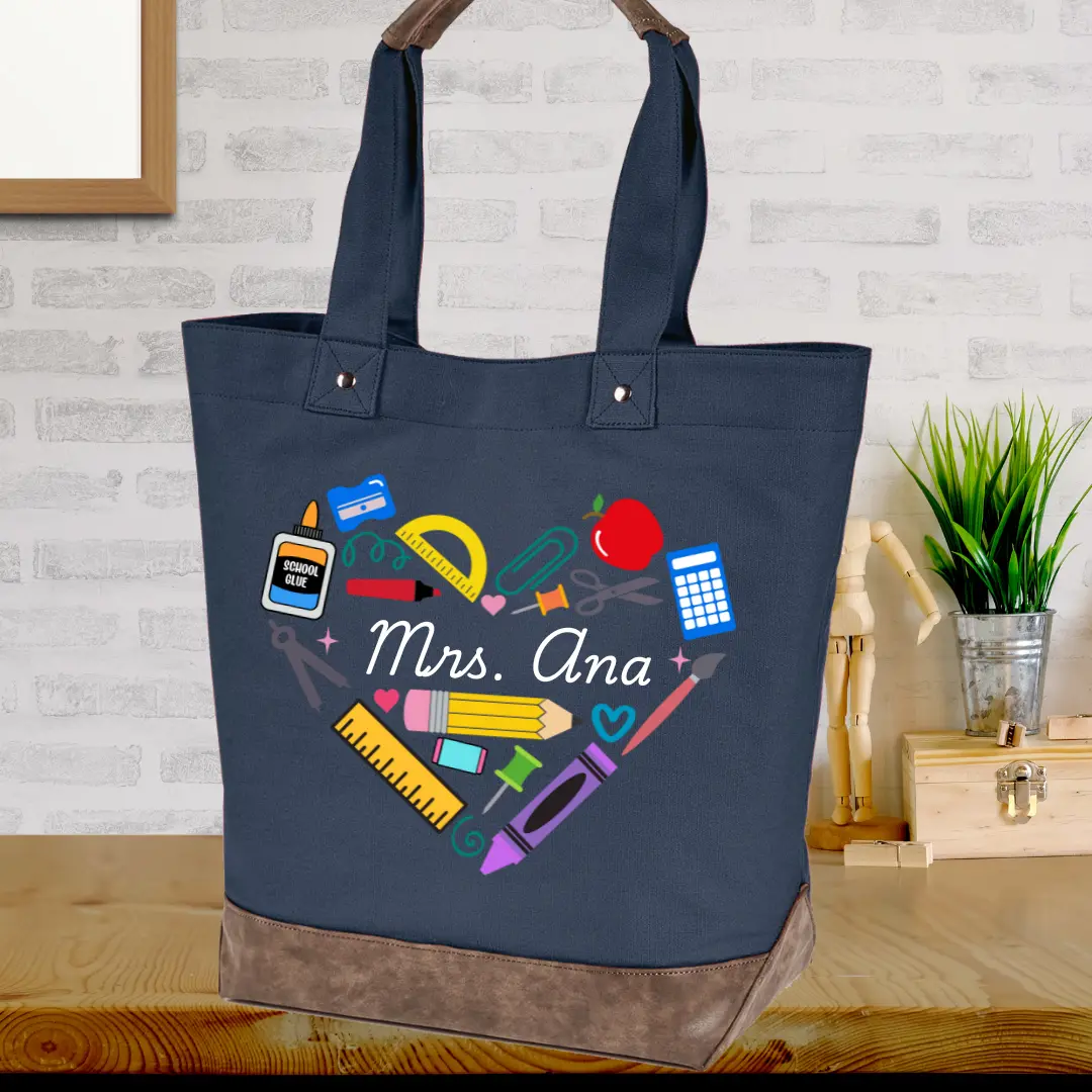 Personalized Teacher Tote Bag, Teacher Heart School Teacher Bag, Custom Teacher Tote Bag, Gift for Teacher Appreciation End of The Year Gift
