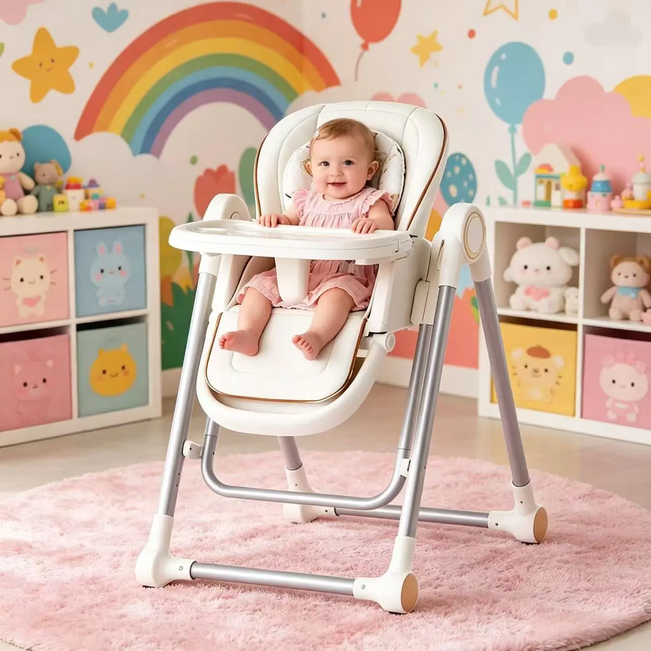 Multi Functional All in 1 Baby High Chair Swings for Infants Foldable Rocking 8 Level Height Adjustment Eco Friendly Washable PU Cushion Ultimate Baby Feeding Chair (Gray) aesthetic  high  chair