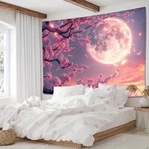 1pc Pink Plum Blossom Background Cloth under Moonlight, Living Room Bedroom Office Home Decoration Room Decoration Party Decoration, Includes Installation Package