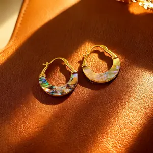 Gold Abalone Shell Huggie Hoop Earrings for Women, Iridescent Ocean Shell Hoop Earrings, Minimalist Gold Jewelry, Lightweight Everyday Dainty Earrings Gift