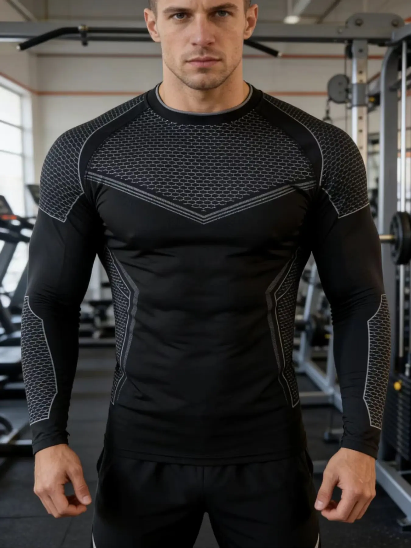 Men's European Style Fitness Long Sleeve, Compression Shirt, Honeycomb Mesh Patch Design, High Elasticity Quick-Dry Breathable Compress Fabric, Slim Fit Muscle Show