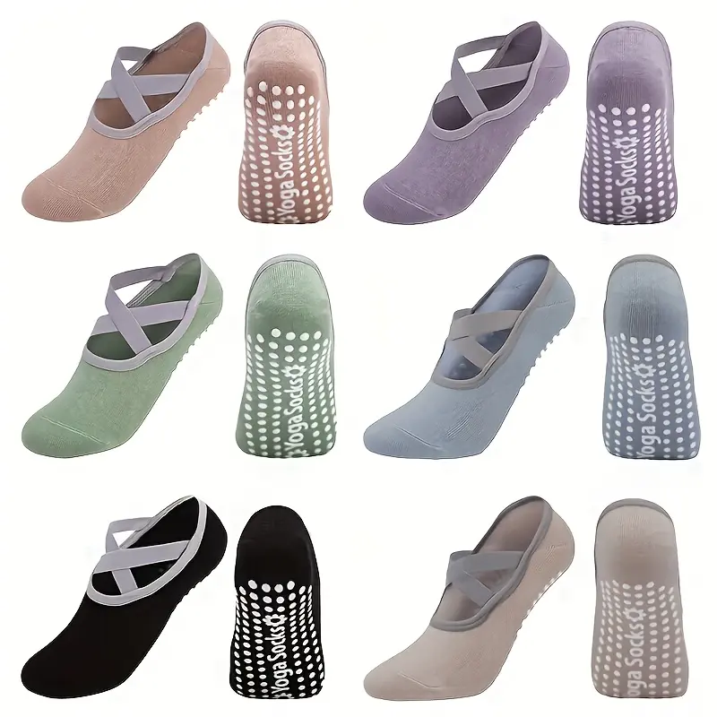 6 pairs of yoga socks, anti slip adhesive dance sports and fitness socks with cross straps, suitable for Pilates ballet poles
