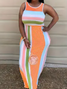 Women's Sleeveless Round Neck Striped Dress, Fashion Print Street Style Sexy Bodycon Skirt, Casual Trendy Boho Summer, Womenswear