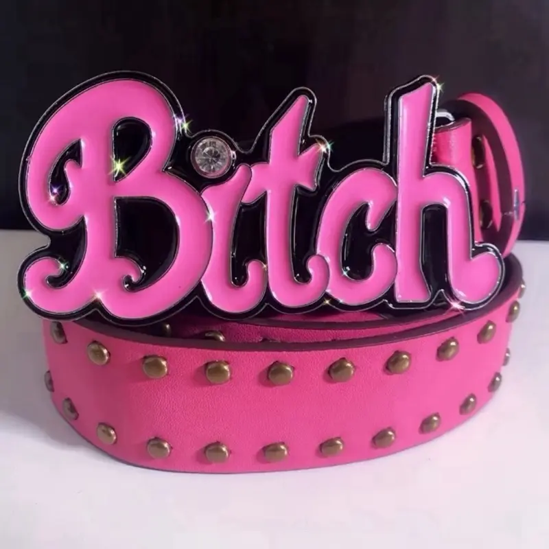 Y2K Bling Belt, Shiny Pink Letter Belt, Big Buckle Metal Rhinestone Belt, Diamond Studded Leather Belt, Punk Grunge Style, Western Cowgirl Waist Belt Accessories