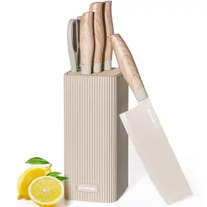 Astercook 6Pcs Kitchen Chef Knife Set, Slicing Knife, Scraper And Scissors, High Carbon Stainless Steel Super Sharp, with Anti-stick Ergonomic Wooden Handle, Professional Chef's Knife Set, #Summervibes