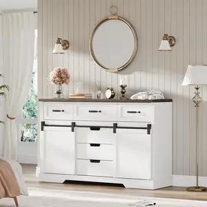 47" Farmhouse 6-Drawer Dresser & Buffet Sideboard with Mirror, Large Storage Cabinet with 2 Sliding Barn Doors & Adjustable LED Mirror, Multi-Use Accent for Bedroom, Living Room & Dining Room