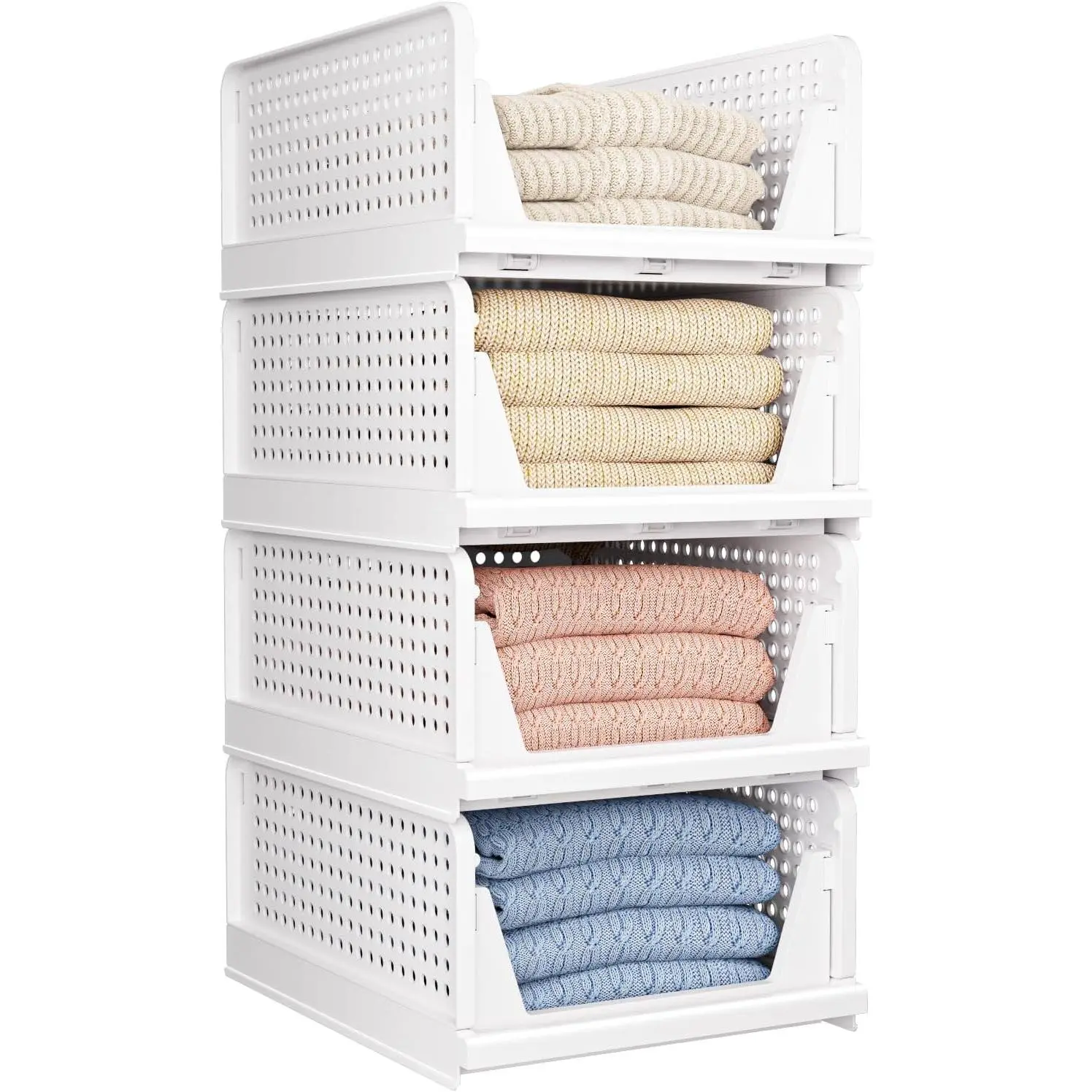 4 Pack Folding Closet Organizers – Stackable Plastic Storage Bins for Wardrobe, Cupboard, Kitchen & Bathroom
