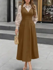 Women's Commuter Shirt Collar Long Sleeve Button Striped Patchwork Two-Piece Waist Cinching Fitted Dress, Stylish, Chic and Comfortable, Casual Wear