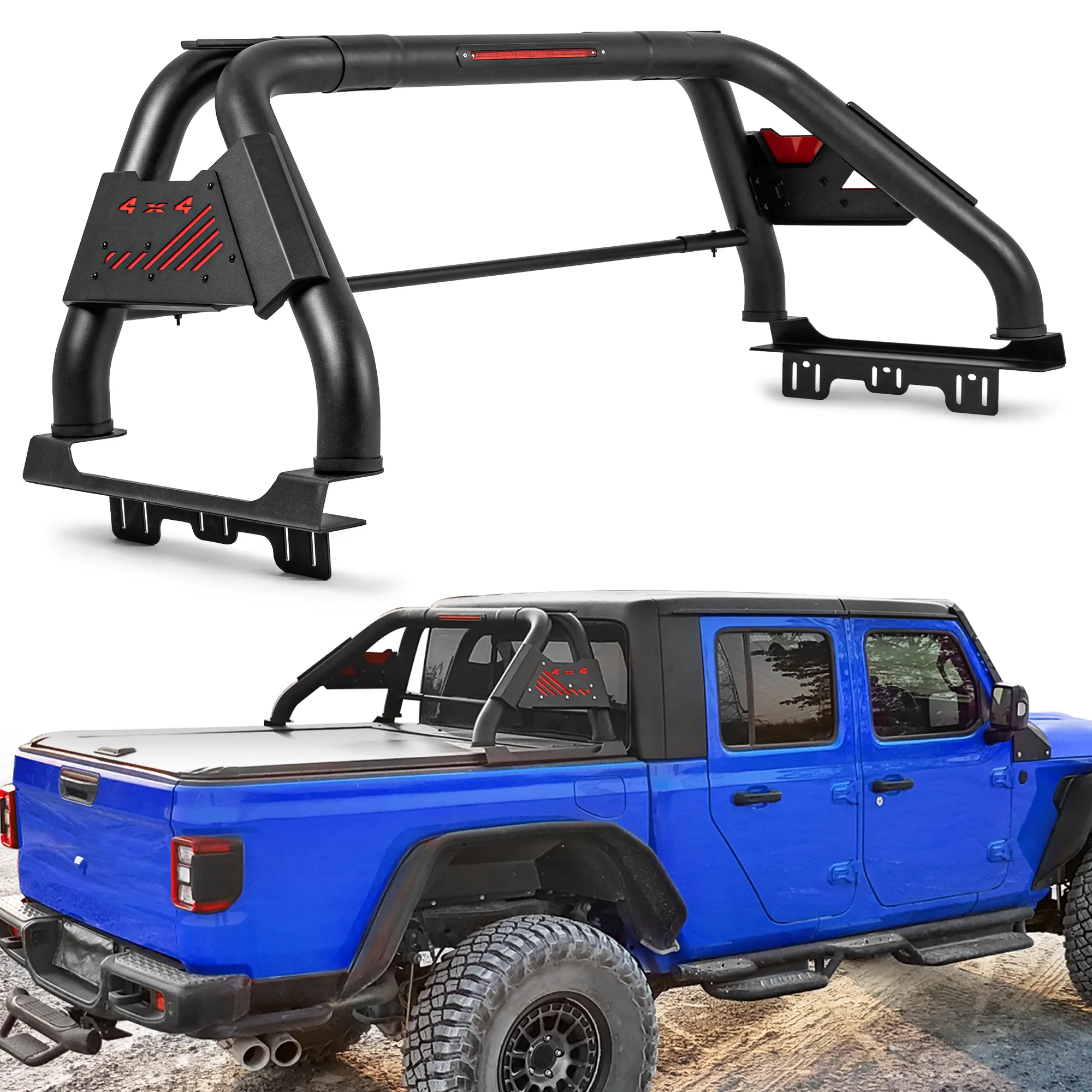 MONOKING Full-Size Truck Bed Chase Rack for Ford F-150 F-250 F-350 F-450, Ram 1500 2500 3500, Silverado Sierra Tundra and Titan, Dual-Tube Steel Sport Bar with Brake Light and Top Light Mount