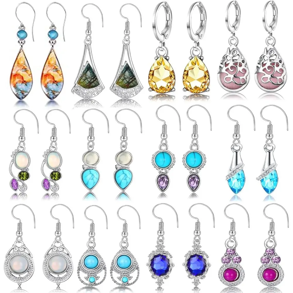 12 Pairs Bohemian Silvery Drop Earrings Set for Women Girls Geometric Cubic Zirconia Teardrop Drop Dangle Earrings Vintage Trend Party Jewelry Christmas Gifts