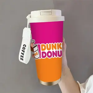 An 18-ounce stainless steel coffee mug, designed to be leak-proof, perfect as a gift, and printed with the Dunkin' Donuts logo