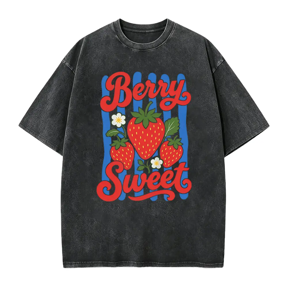 Men's Seamless Cotton T-Shirt - Solid Preppy Vintage Short Sleeve Top with Trendy Strawberry Graphic, Seamless Armpits, Soft, Smooth, Lightweight, Foldable, Custom Made, Casual Clothes, Machine Washable Summer Menswear