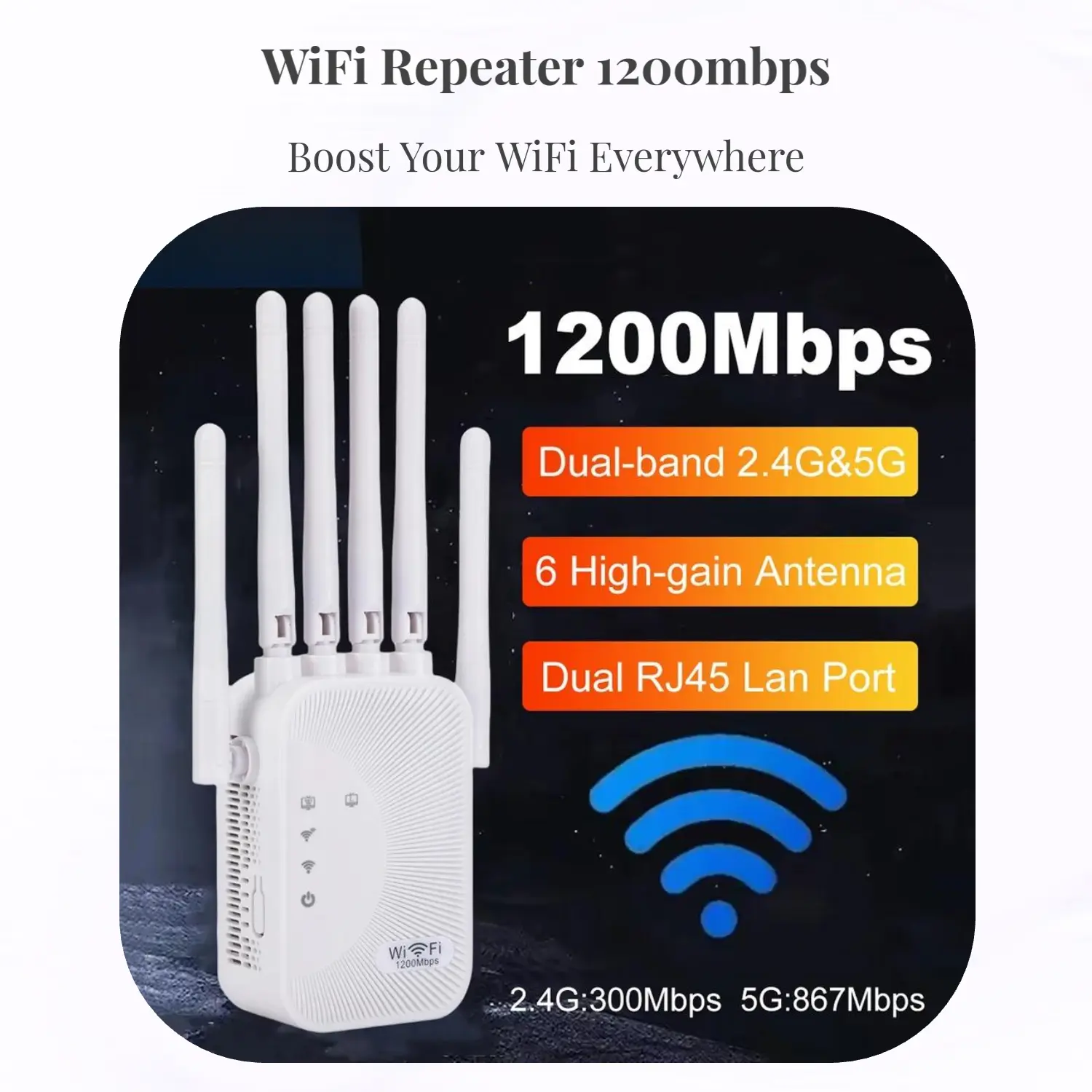 2.4GHz & 5.8GHz Dual-Band WiFi Repeater AC1200M - 1200Mbps External Dual Frequency Band Range Extender with High-Gain Antenna, 360-Degree Full Signal Coverage, USB WiFi Adapter Function, Compatible with Desktops & Most Devices for Home Studios