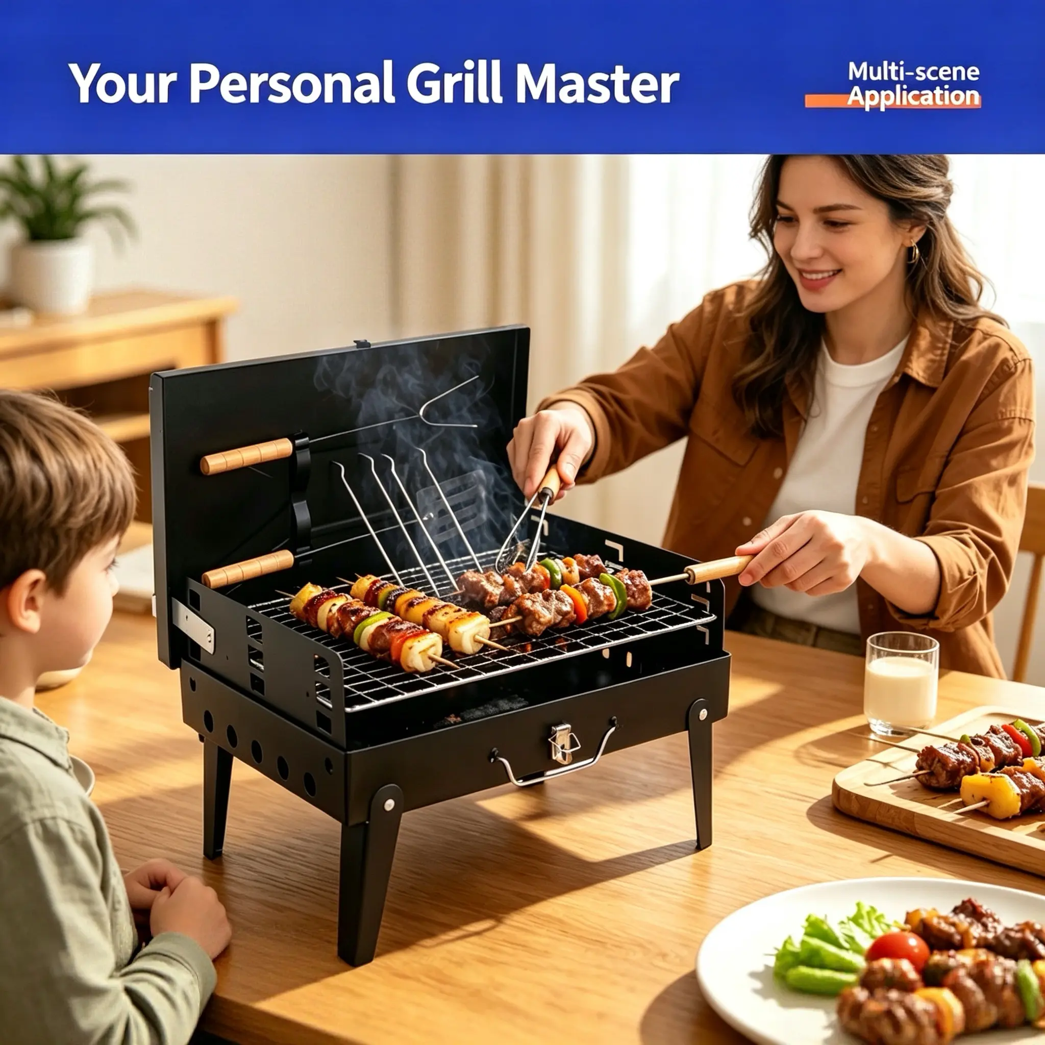 Portable Tabletop Charcoal Grill - Foldable Compact Design with Wood Handles, Lightweight for Camping, Easy Cleanup for Small Groups, Ideal for Cooking BBQ Camping & Outdoor Cooking Barbecue (Charcoal Grills BBQ, Portable BBQs)