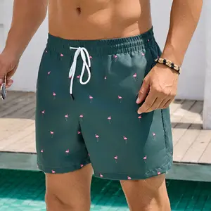 Men's Flamingo printed quick-drying vacation shorts, drawstring waist, breathable fabric, tropical casual style, pool beach, suitable for daily wear, fresh and trendy personalized style