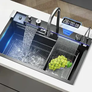 304 Stainless Steel Waterfall Kitchen Sink Large Single Slot Integrated Digital Display Faucet Set Soap Dispenser Cup Washer
