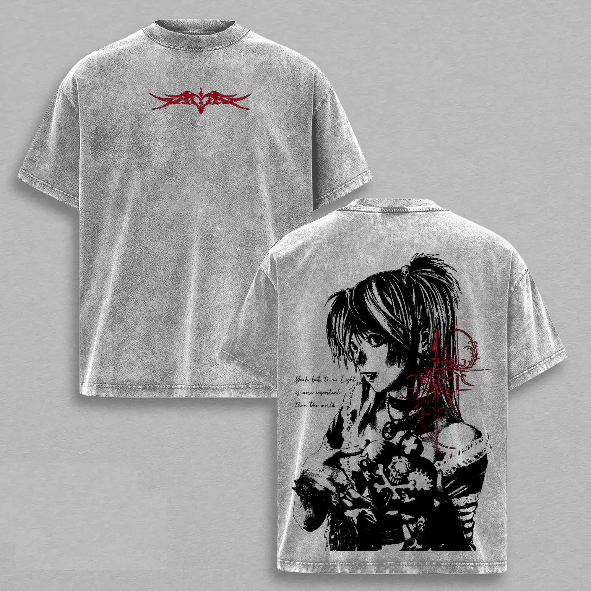 Death Note Misa Amane Oversized Graphic Tee Vintage Acid Wash Anime T Shirt Y2K Streetwear Gym Pump Cover Heavyweight Cotton Alt Fashion Goth Aesthetic Retro Manga Merch Tiktok Finds Trendy Dark Workout Fit Casual Top Japanese Unisex Waifu