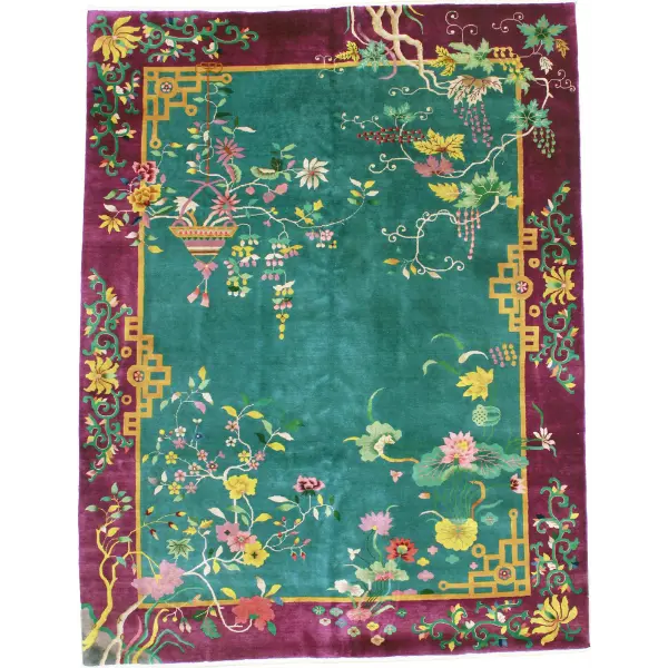 "Chinese Art Deco Antique Rug – Green & Purple Wool Pile, 8'10" x 11'07" | Exquisite Vintage Home Décor | Rare Handcrafted Oriental Carpet tribal rug