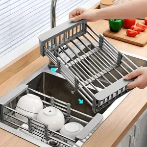 Expandable Stainless Steel Sink Organizer with Drain Basket, Foldable Kitchen Utensils Cup Vegetable Storage Rack, Multi-Layer Design