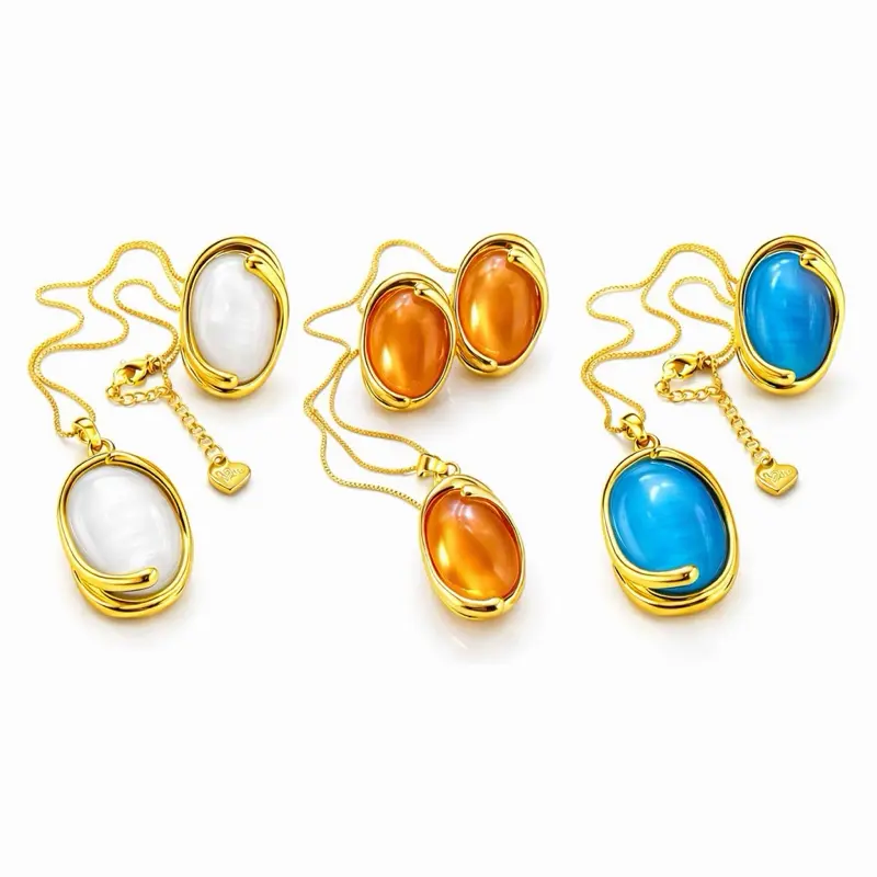 Maite Jewelry  ABRAZO DORADO set Gemstone Necklace GN102 Gold-Plated with Large Round Stone 18" + Extension and earrings Versatile Fashion Jewelry for Women